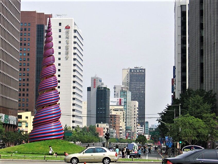 View of the buildings and street near the Cheonggyecheon river in Seoul.