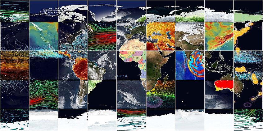 Collage of different methods of mapping and digital depictions used in cartography showing a world map.