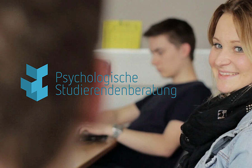 Foto zweier Studierender und dem Logo der Psychologischen Studierendenberatung