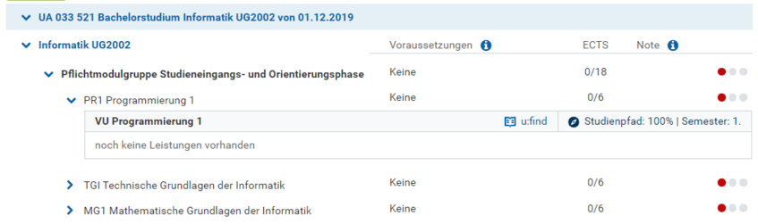 Screenshot of the recommended path of study in the record of examinations in u:space