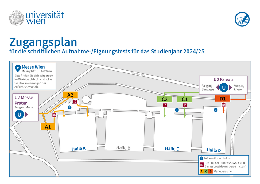 Auf dieser Grafik ist der Zugangsplan für schriftliche Tests in der Messe Wien abgebildet.